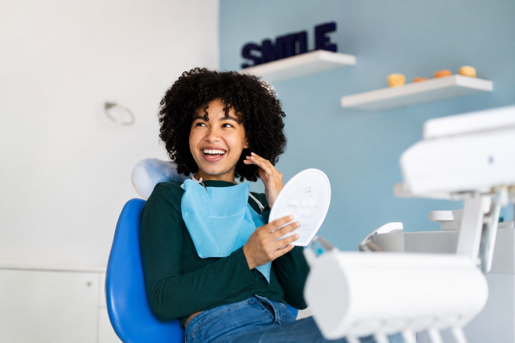 Smiling patient holding a mirror in a modern dental clinic after a dental visit