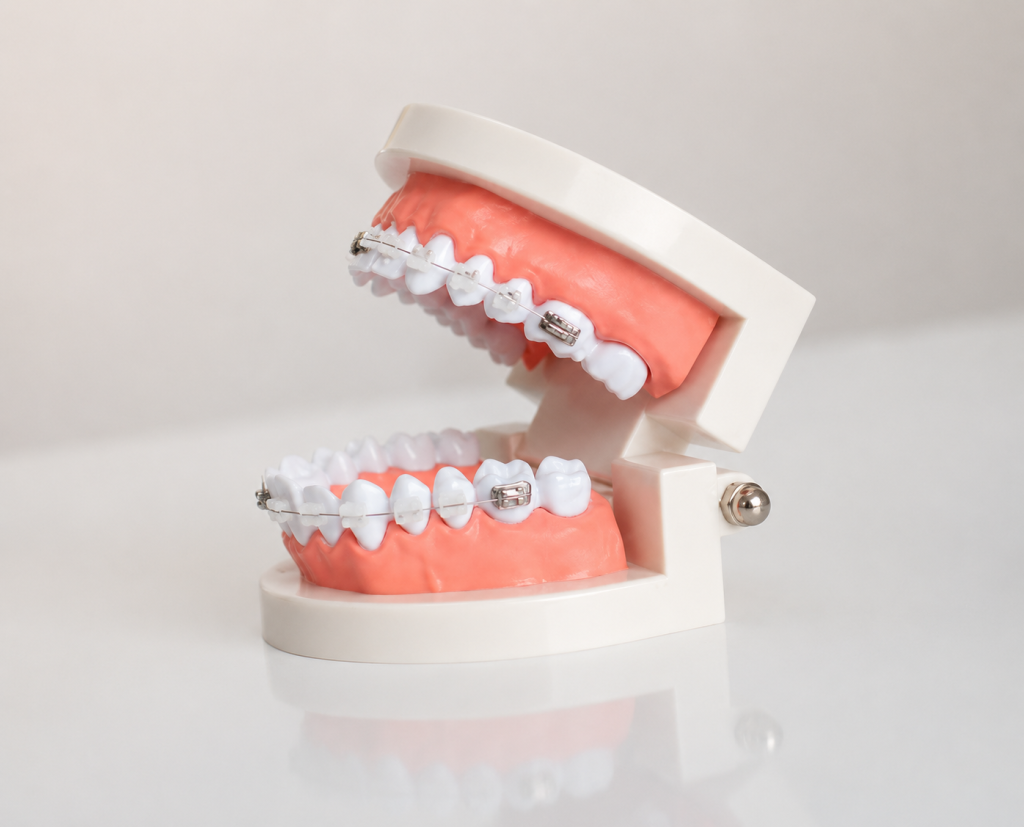 Dental model with braces used to explain orthodontic treatment
