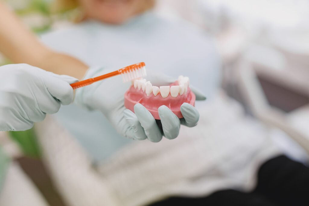 Gloved dental professional holding a pink dental jaw model and brushing it with an orange toothbrush to demonstrate oral hygiene